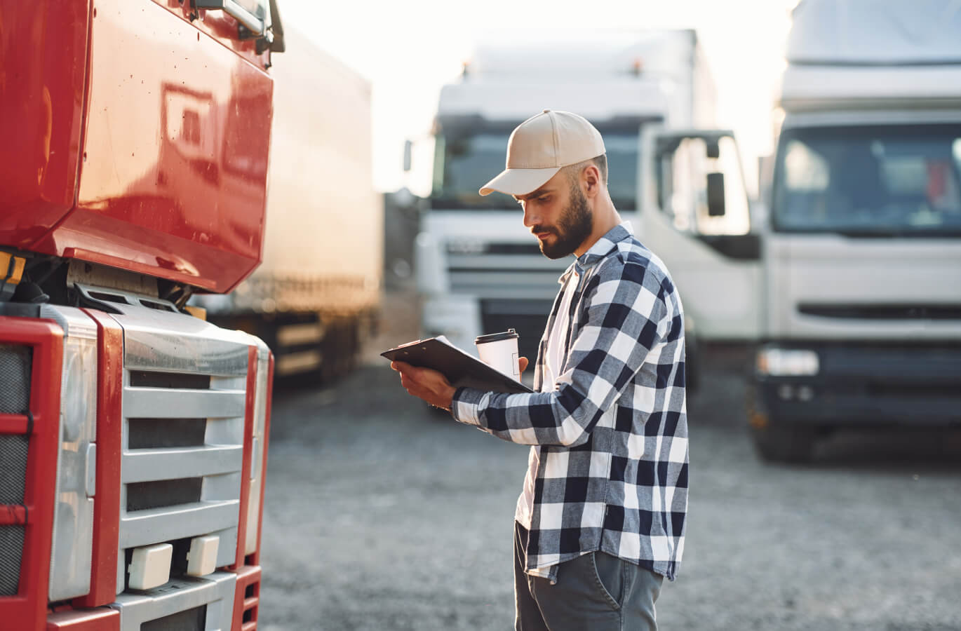 Best Practices for Fleet Management - A person in a checkered shirt holds a tablet and coffee near a red truck, with multiple trucks parked in the background.