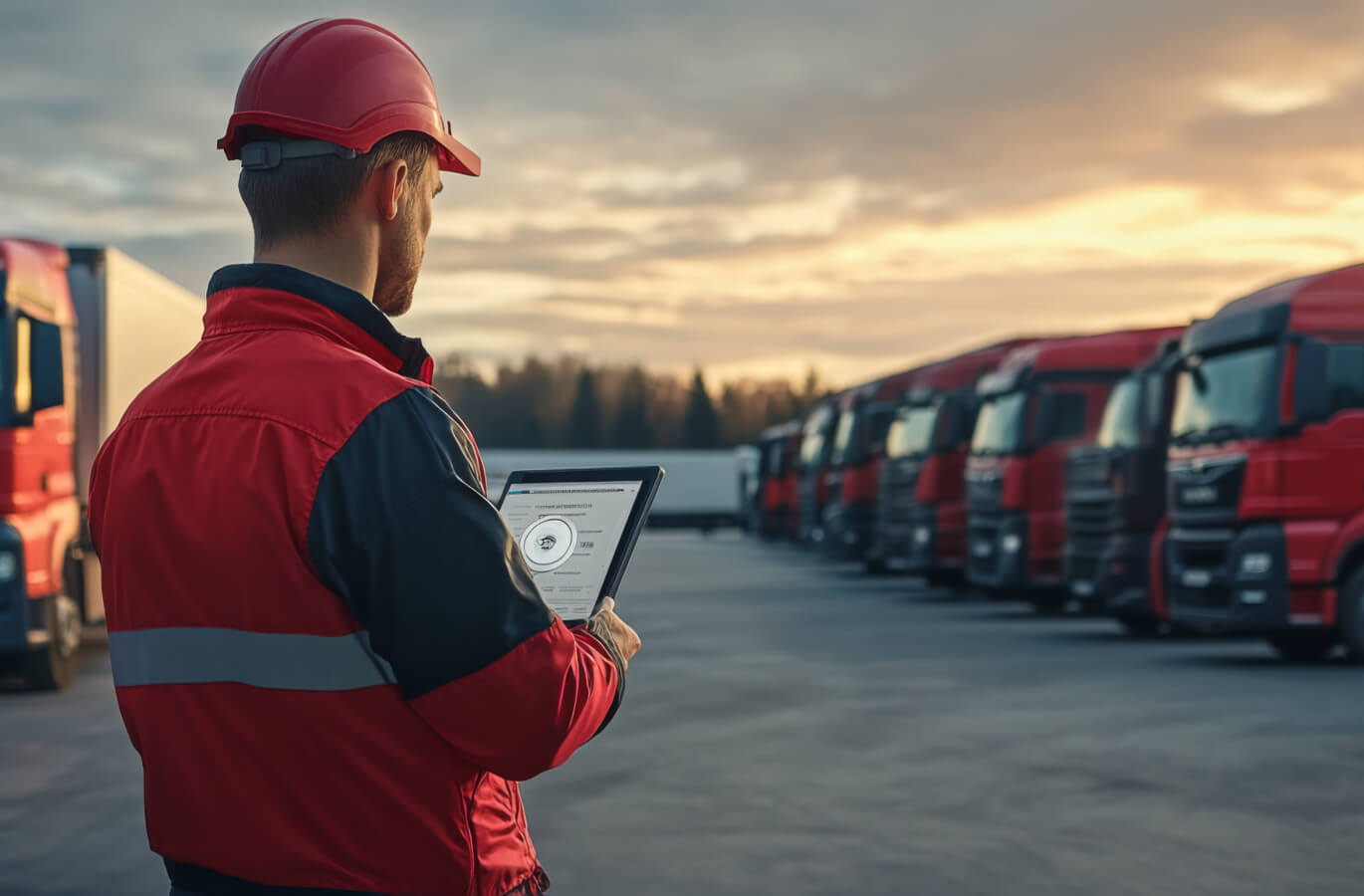 Transform Fleet Uptime with REACH’s Smart Management Services - A worker in a red helmet and jacket uses a tablet to manage fleet logistics, with rows of trucks parked in the background at sunset