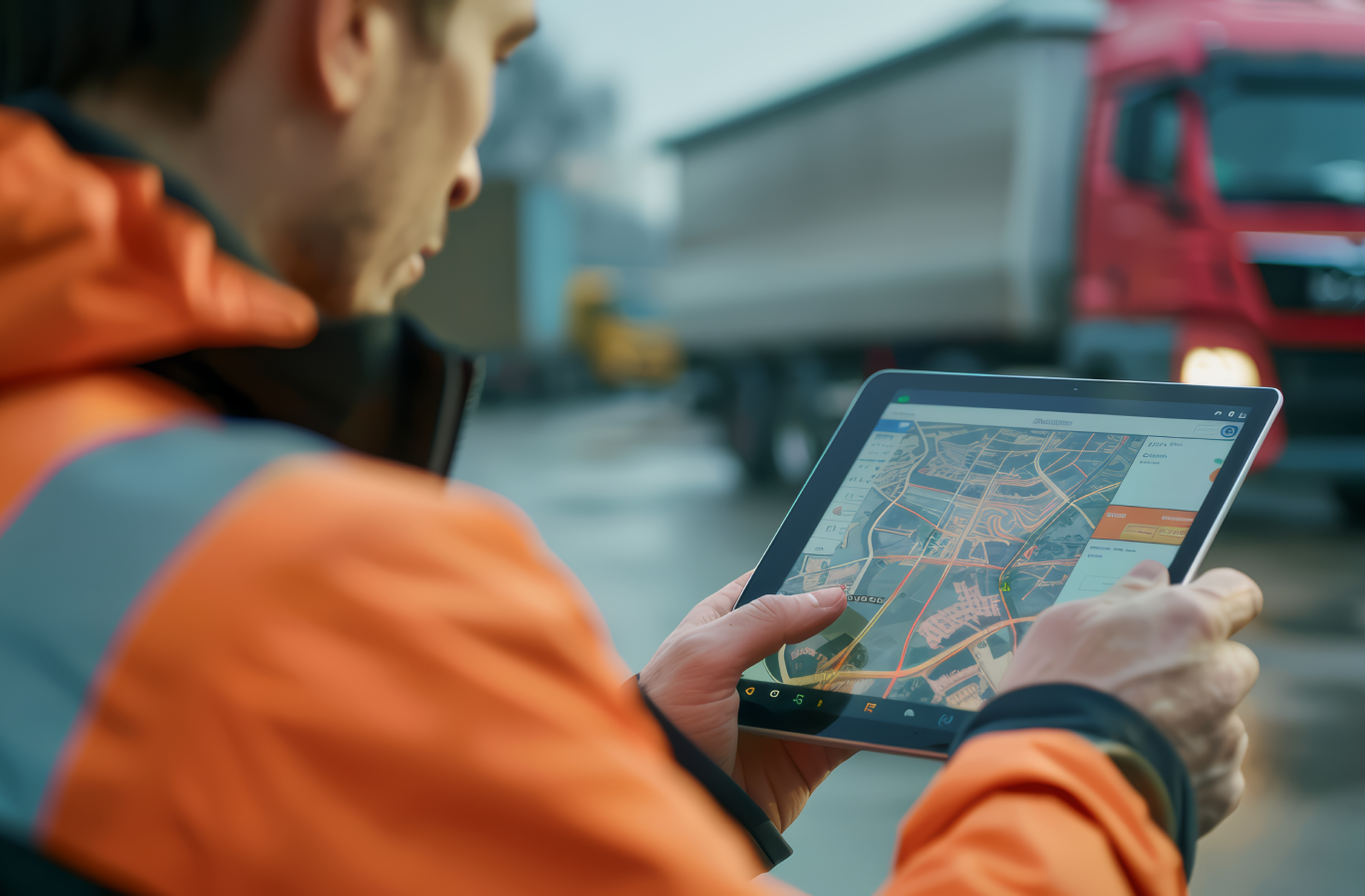 A person in an orange safety jacket uses a tablet to navigate a map, with a large red truck visible in the background.