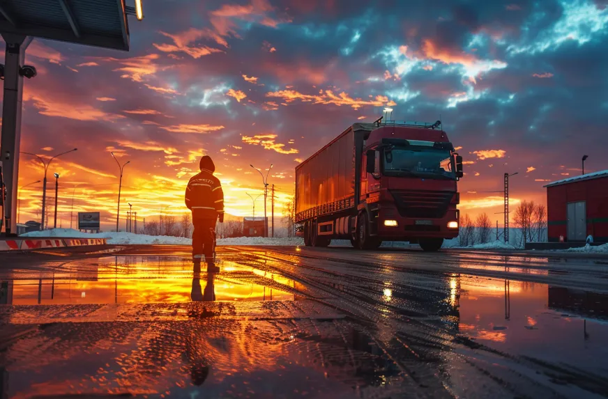 A truck drives through a reflective puddle at sunset, with a silhouetted worker observing the vibrant, colorful sky.