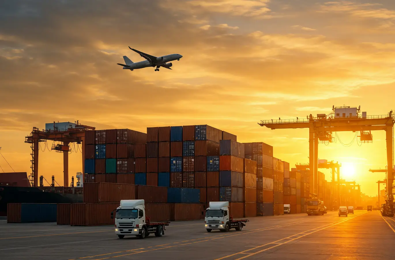 GPS Fleet Management in 2025: Transforming Logistics with REACH - An airplane flies over a busy port at sunset, with stacked shipping containers and cargo trucks on the dock.