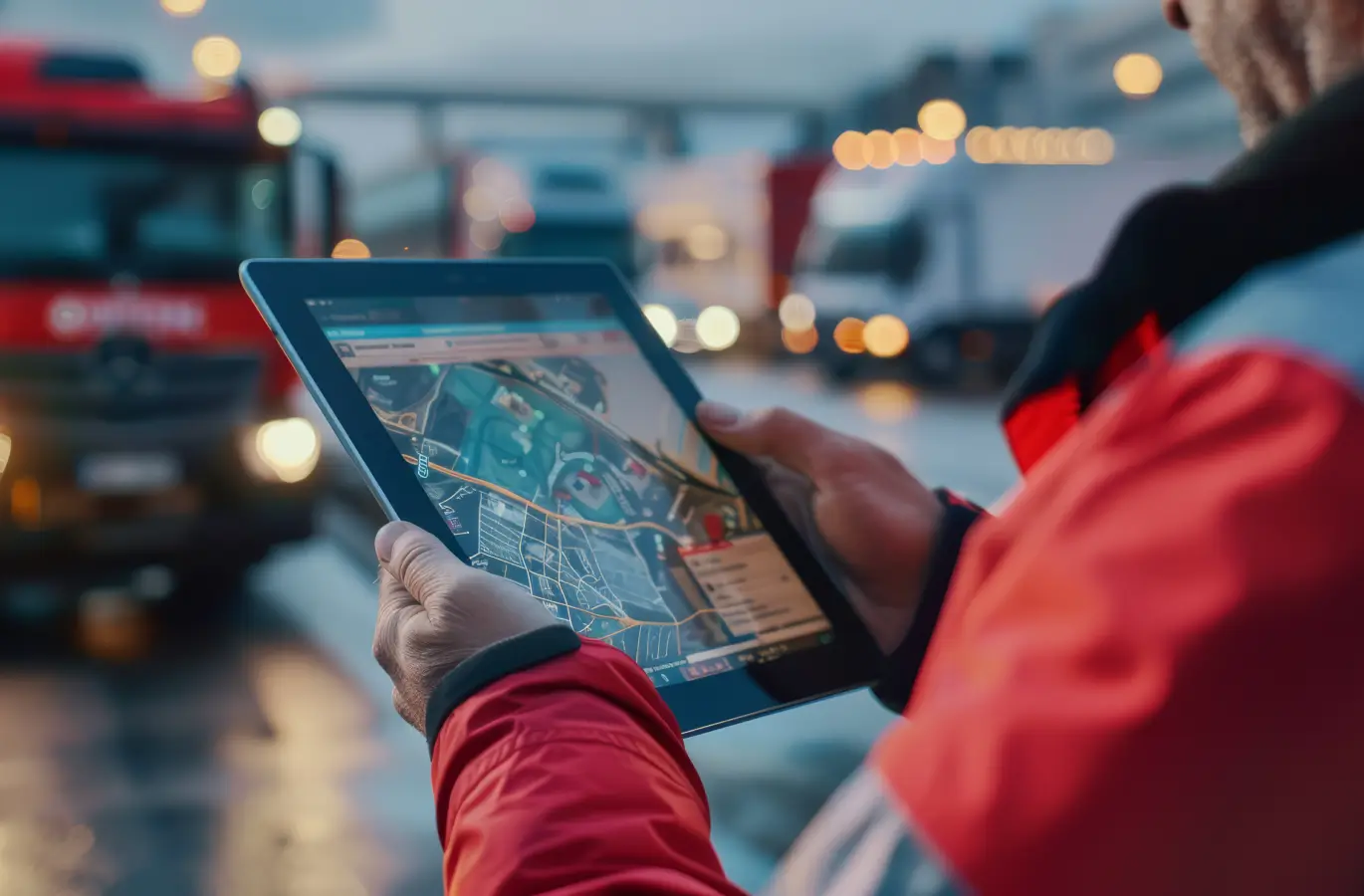 A person in a red jacket uses a tablet to view a map, with trucks in the background and soft lights from a busy road.