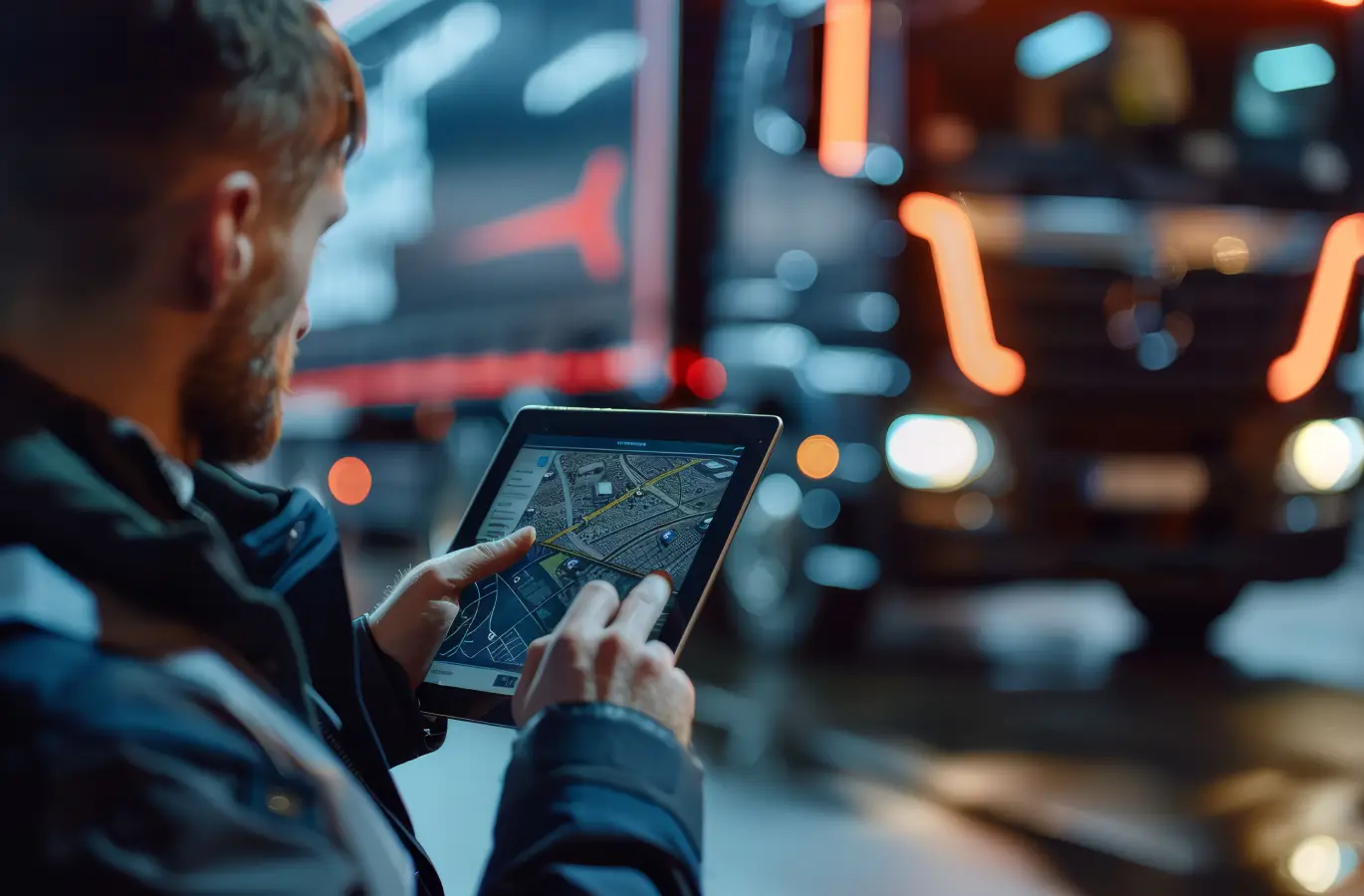 A person in a dark jacket uses a tablet to navigate, with a blurred truck illuminated behind. The scene is set at night.