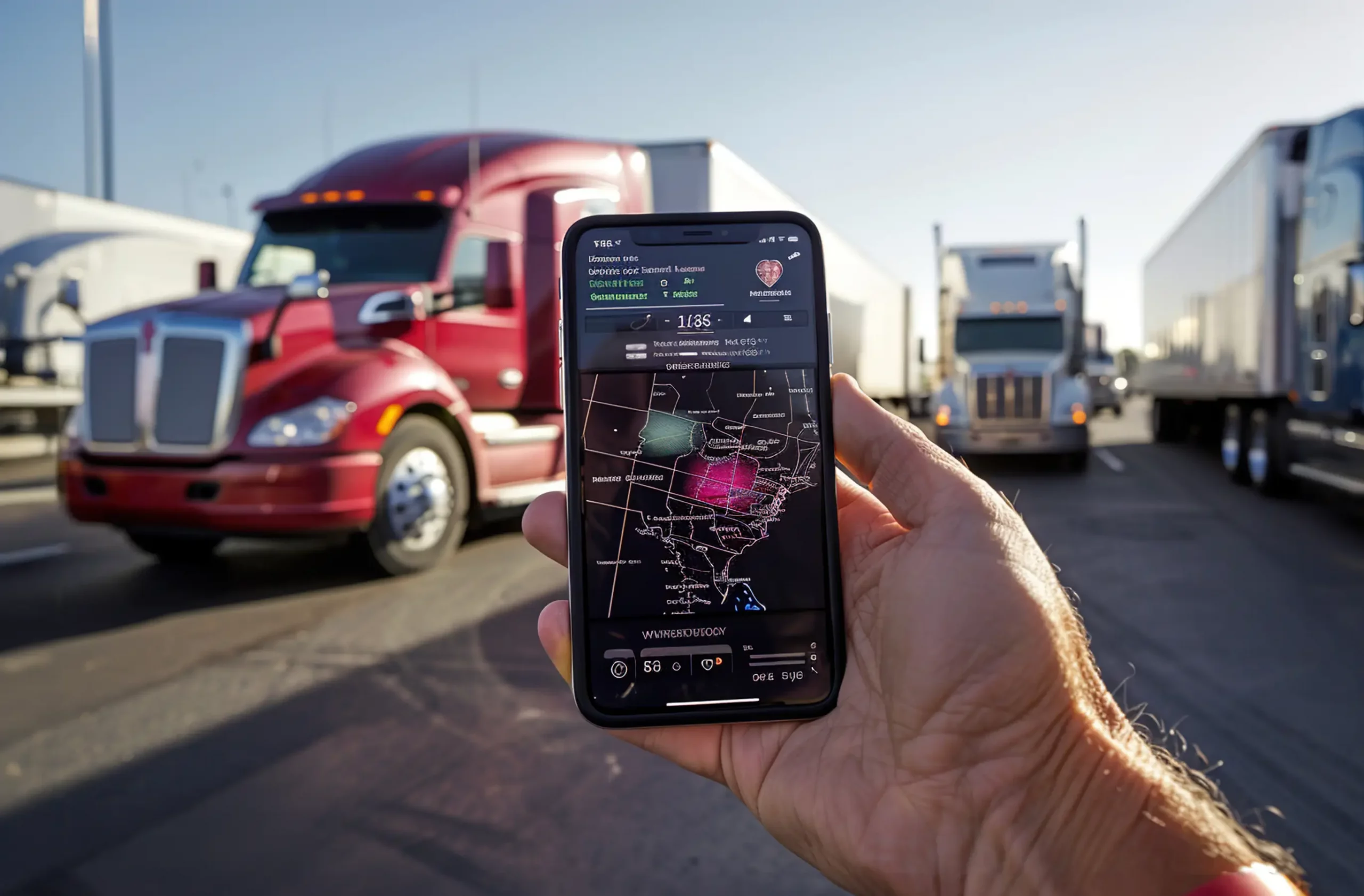 A hand holds a smartphone displaying a weather map, with trucks parked in the background under clear blue skies.