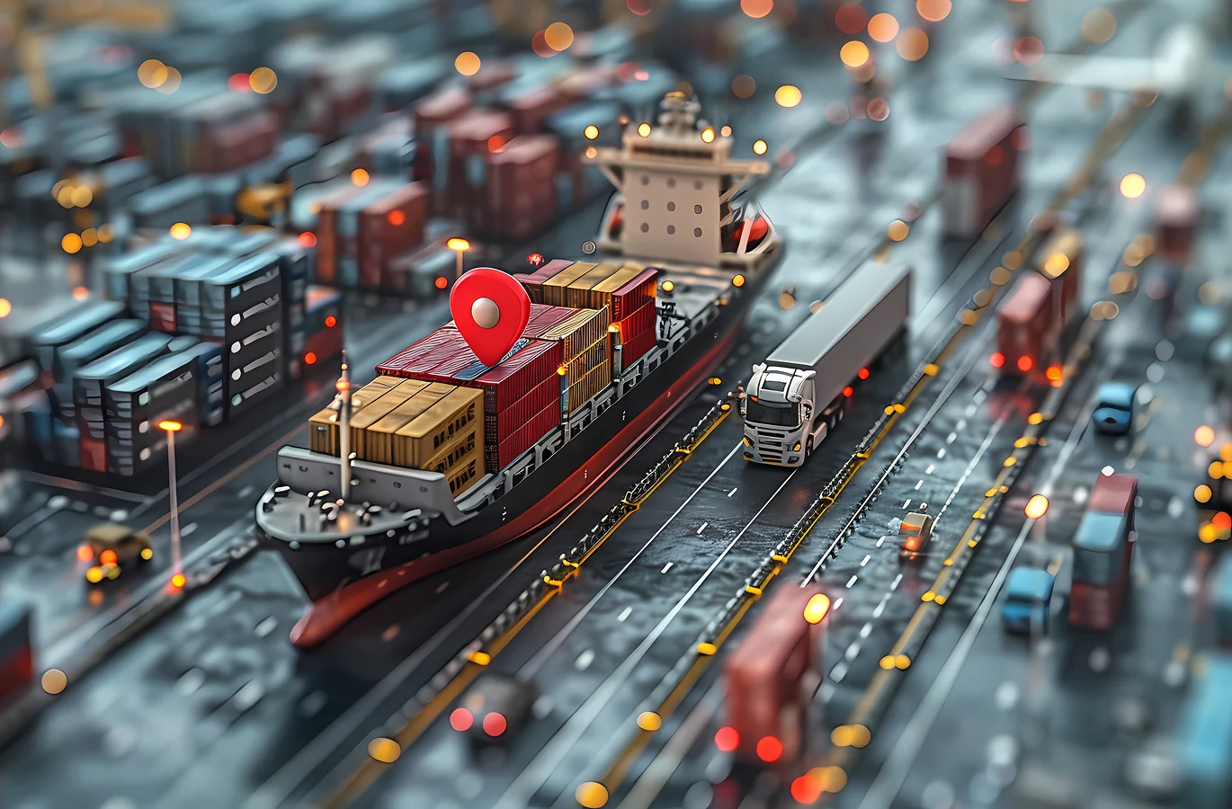A detailed model of a shipping port featuring a cargo ship, containers, and a truck, with a location pin highlighting a specific area.